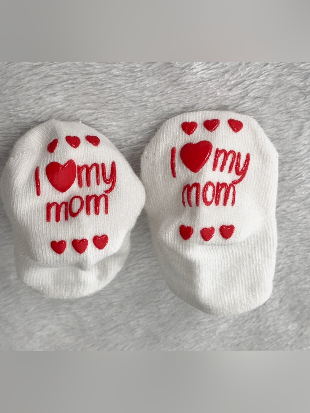 White Baby Socks with Red 'I ♥ My Mom' Design